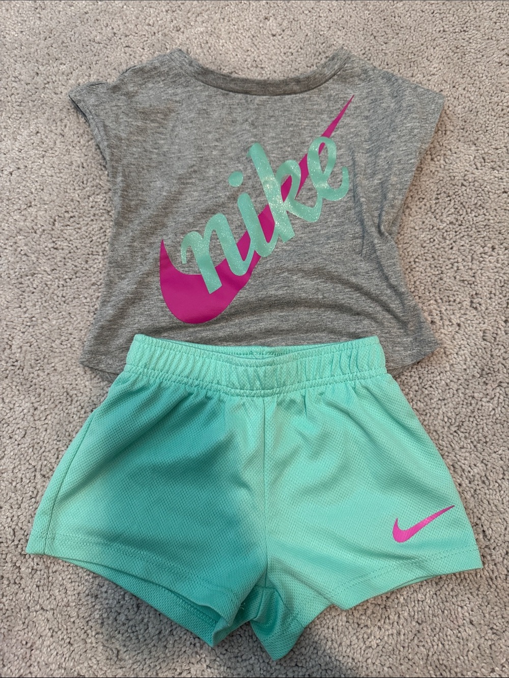 Nike Mint Green Shorts with Gray Top and Pink Logo